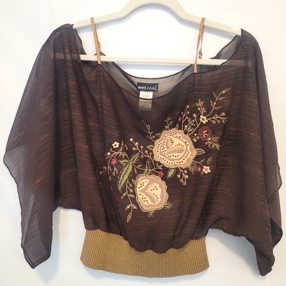 Y2K Wet Seal Floral Embroidered Peasant Top M Boho Brown Gold Mesh Blouse - Picture 1 of 8